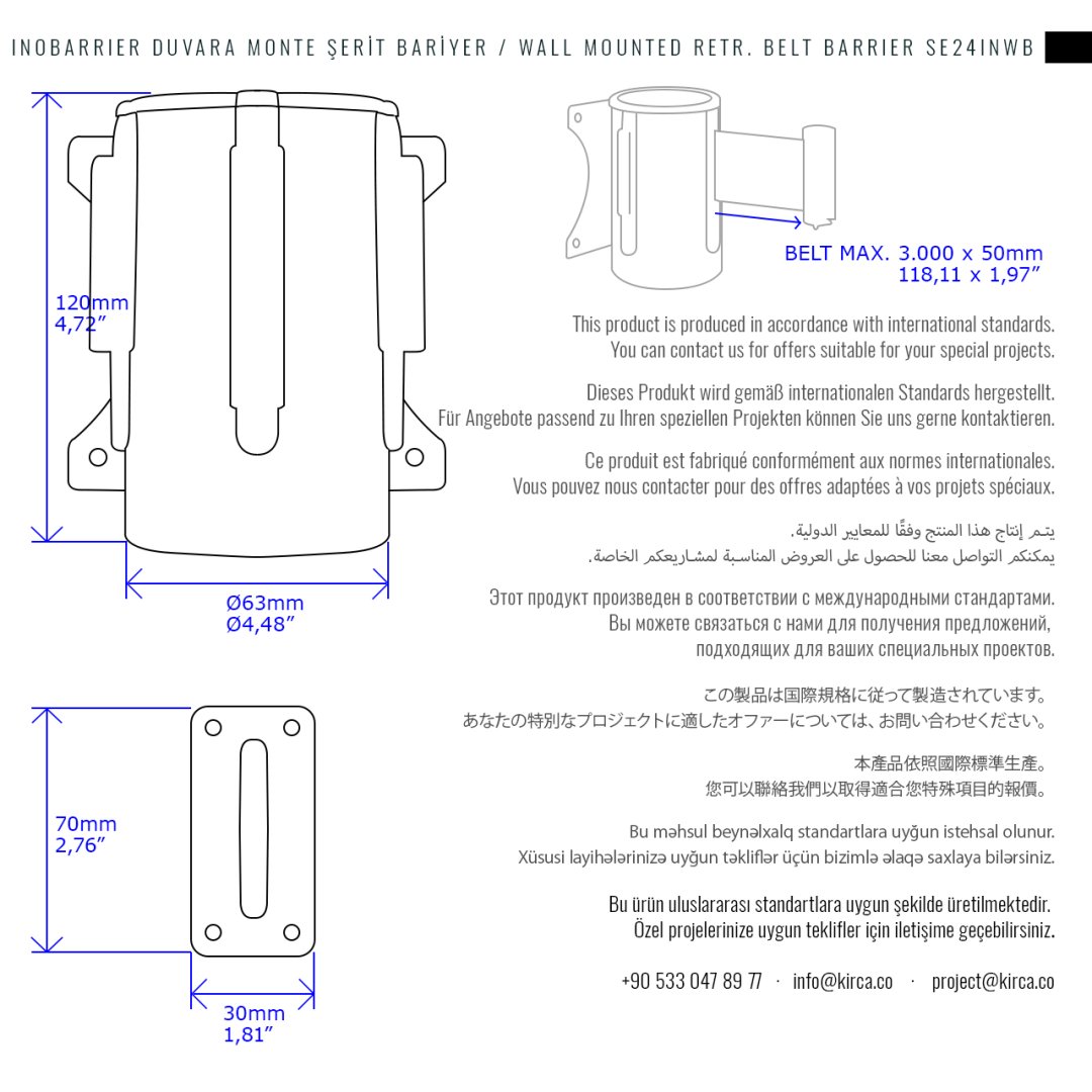 Inobarrier Duvara Monte Krom Şerit Bariyer - Teknik SE24INWB01CR Retractable Belt Barrier - Techsheet @KIRCACO