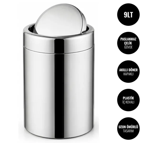 EIM TCRL9C Döner Kapaklı Paslanmaz Çelik Yanmaz Çöp Kovası 9LT W6TEPTTCER9C Rotate Lid Stainless Steel Trash Can #ıslakhacim #çöpkovası @kircaco